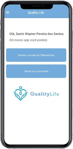 Celular usado para representar o aplicativo da Quality Life que é utilizado para atendimento médico